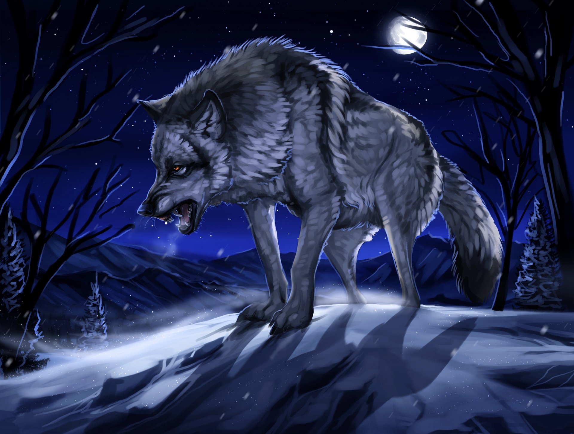 night forest snow winter moon wolf grin art picture