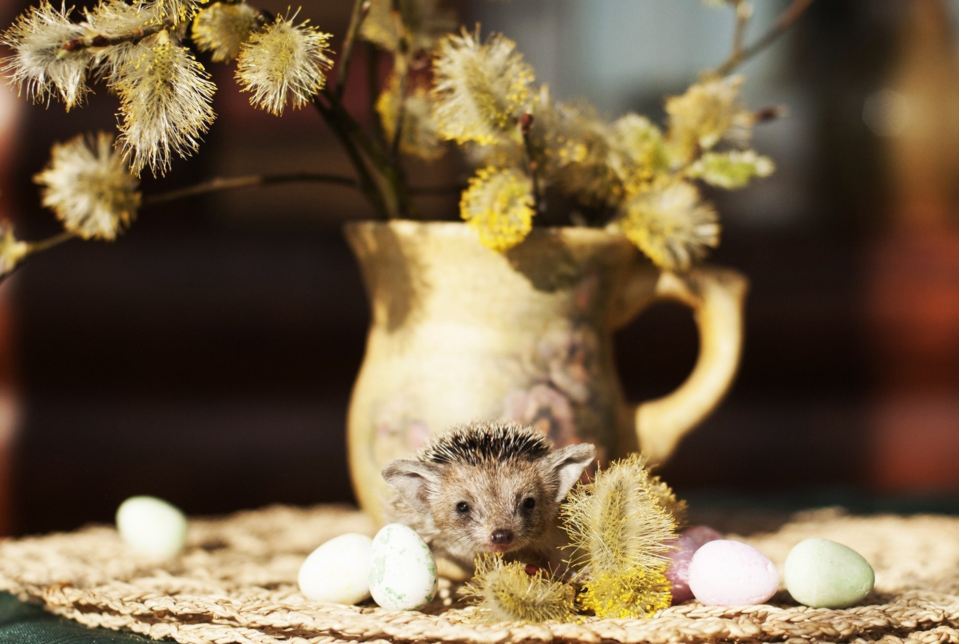 vase sprigs of willow hedgehog quail egg