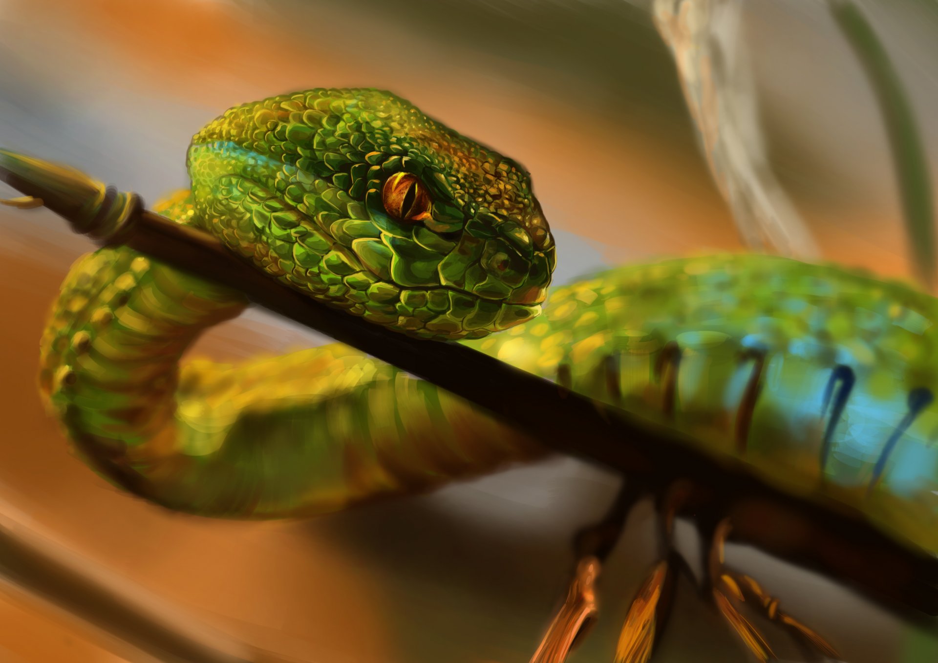 wąż zielony pełzanie gałąź spojrzenie łuski natura