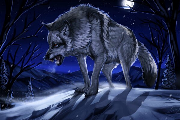 Böser Wolf im Schnee unter dem Mond