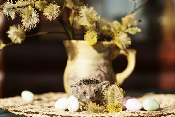 Hedgehog on the background of a vase with quail eggs