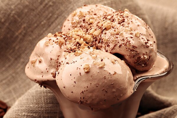 Chocolate ice cream in a cream bowl with nuts