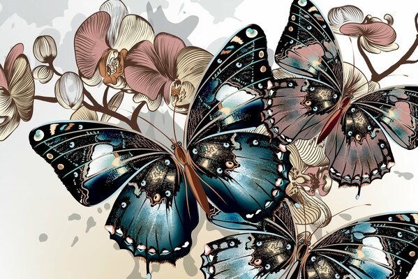 Colorful butterflies on a light background on orchid flowers