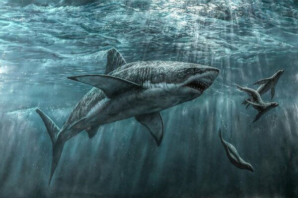 Predator in the sea. The shark hunts seals. Drawing