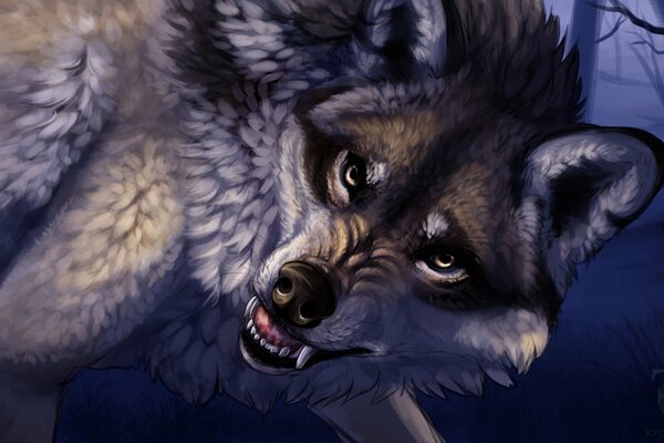 A wolf with a predatory look. Art