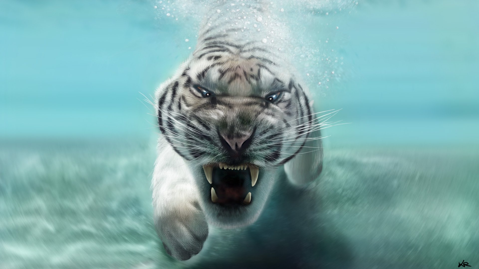 animal depredador tigre blanco en el agua hocico boca colmillos