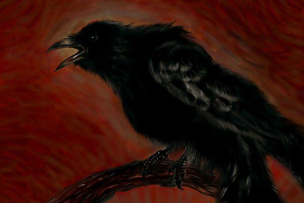 Drawing of a raven on a branch