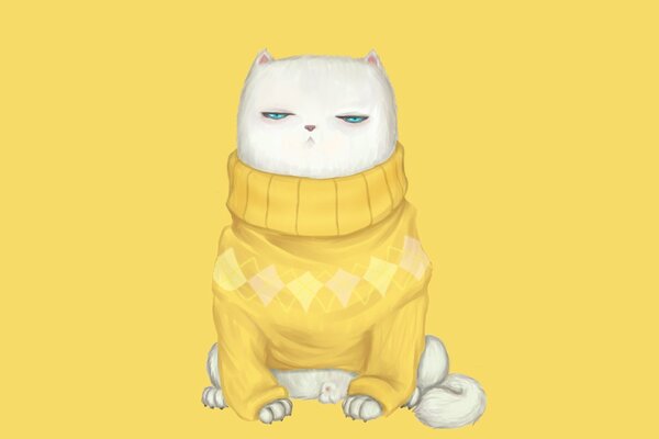 Gatto bianco dipinto su sfondo giallo, in maglione giallo