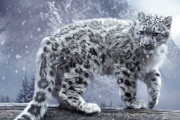 Leopard on the background of a snowy forest