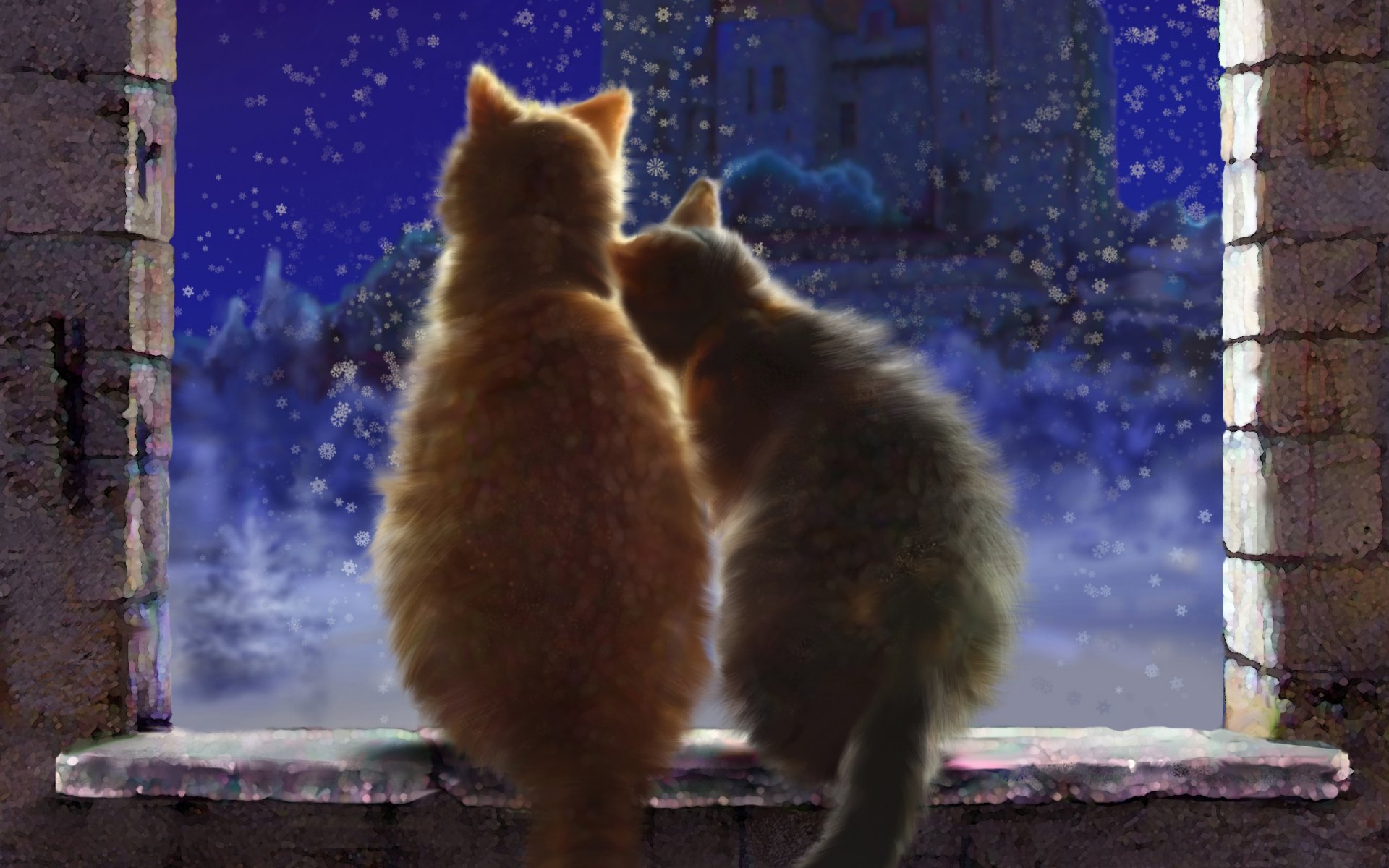 art cats the pair love snow winter window the window sill castle night snowflake