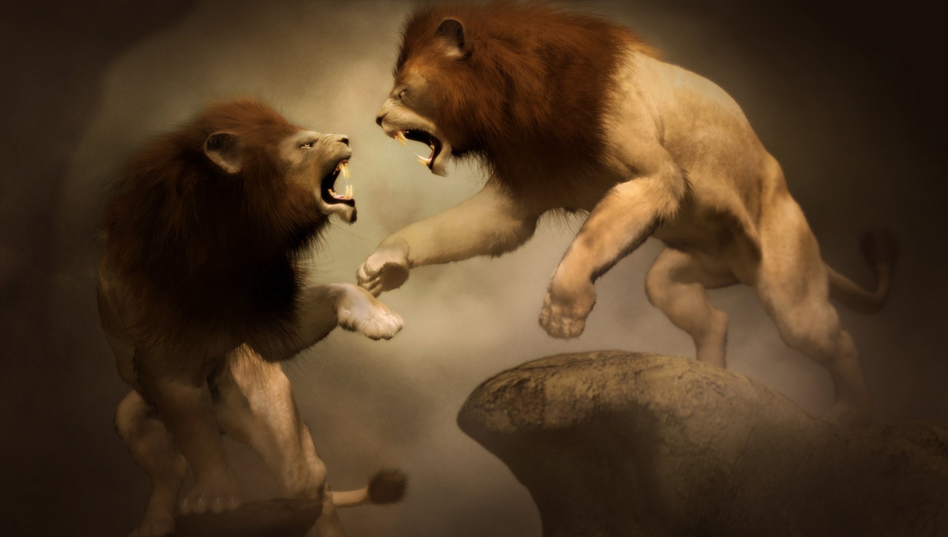 art lions fight jump stone rendering