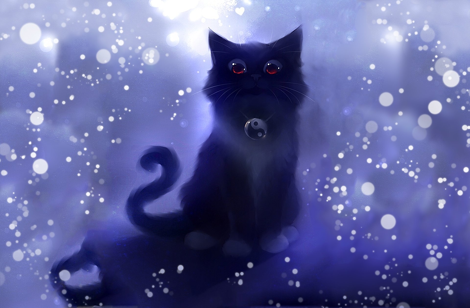 Чёрный котёнок с красными глазами и амулетом инь-ян на фоне белый пузырей в  синих тонах - обои на рабочий стол