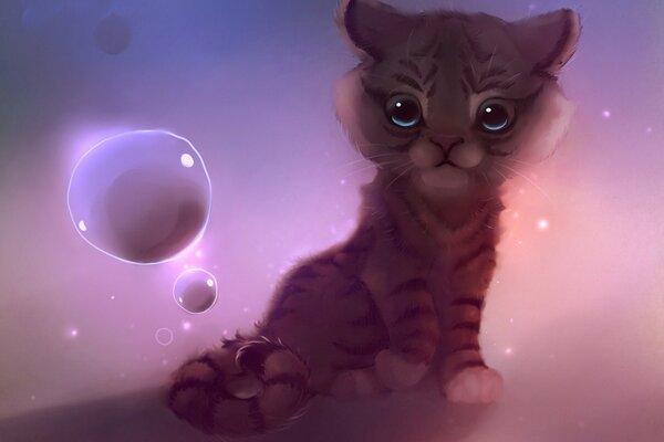 A little tiger cub sits around the bubbles