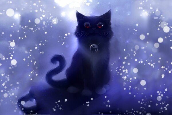 Schwarzes Kätzchen mit roten Augen und einem Yin-Yang-Amulett auf einem Hintergrund von weißen Blasen in blauen Tönen