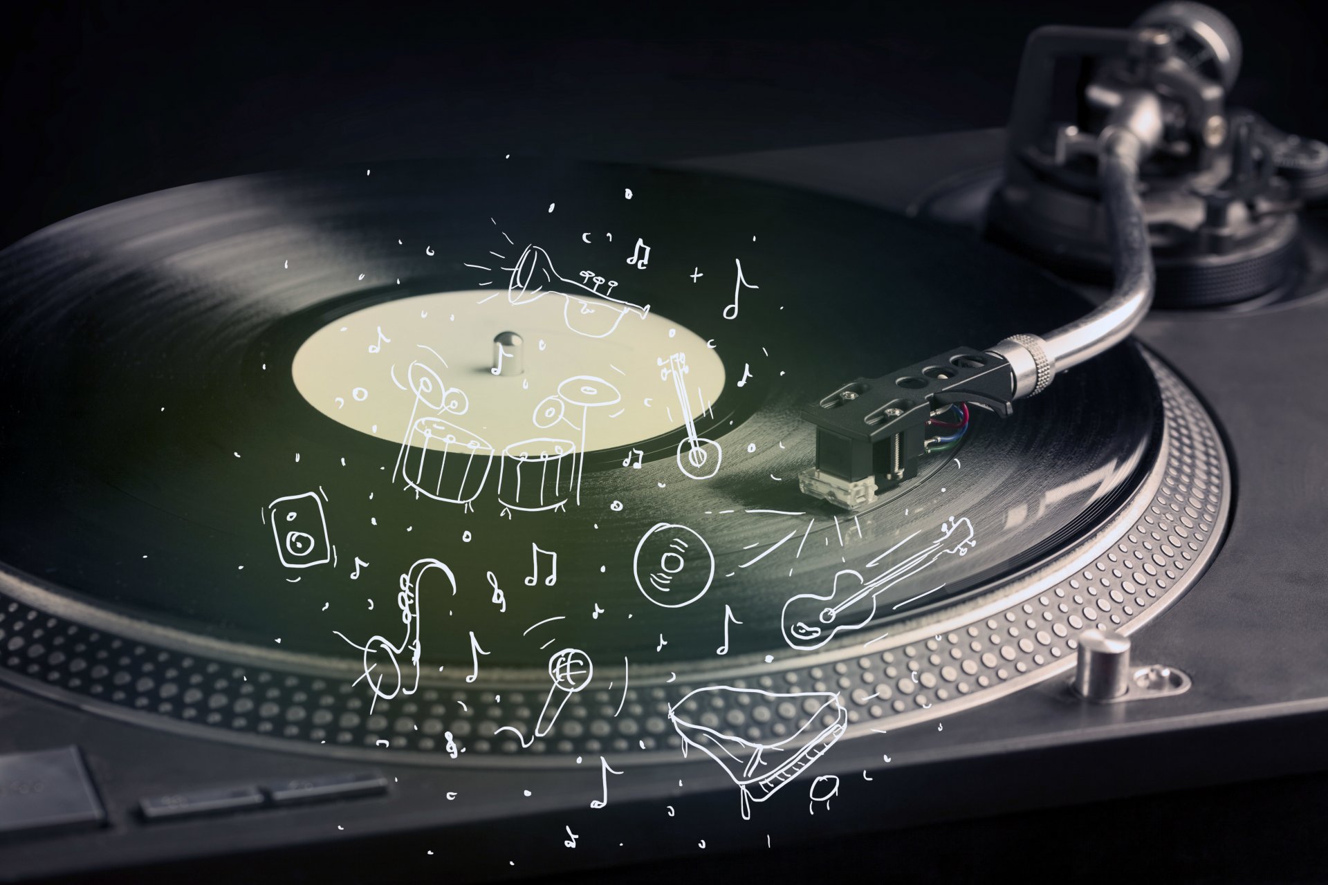 musical instrument record vinyl record player recording music lover party painted orchestra guitar percussion setup saxophone piano microphone creative retro music wallpaper