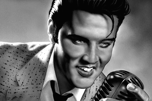 Portret muzyka Elvisa Presleya z mikrofonem ołówkiem