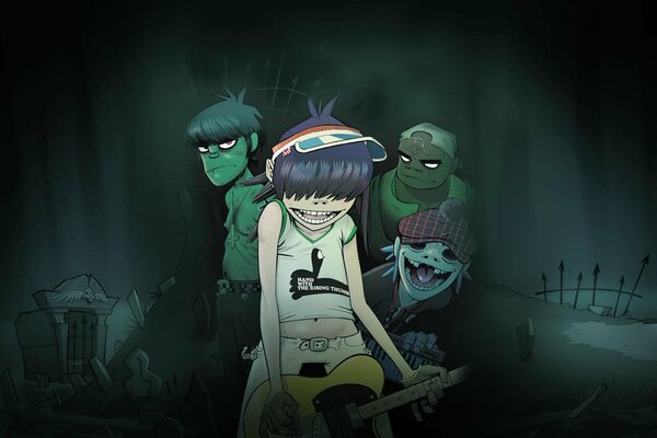 Personnages de la bande dessinée 2D Gorillaz dans le cimetière