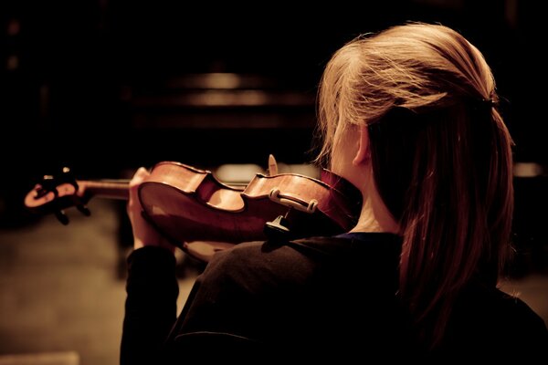 La ragazza suona il violino. Vista posteriore