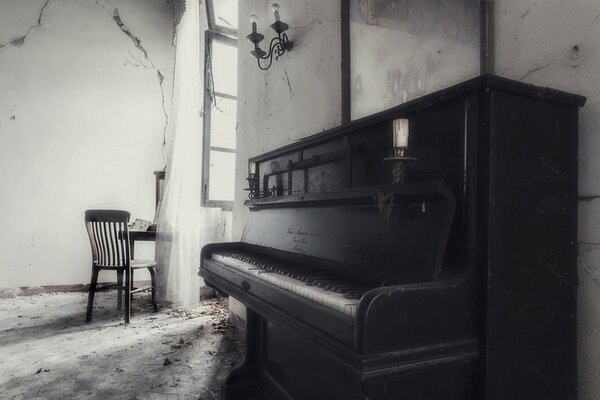 In a gloomy room there is a piano and a lonely chair