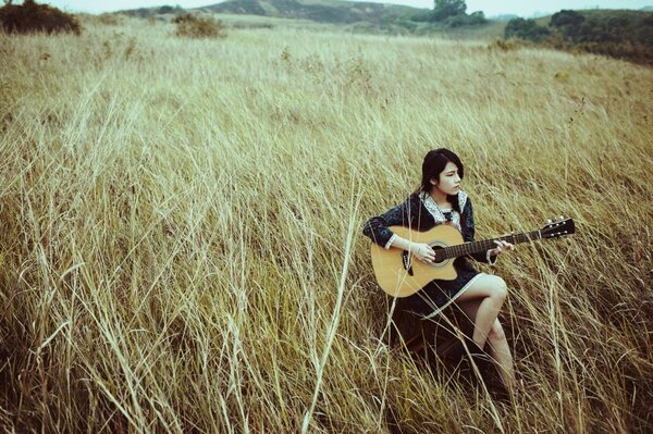 A girl with a guitar in the field