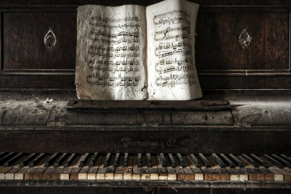 An old broken piano and sheet music