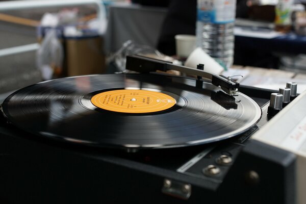 Vinyl record player on the table