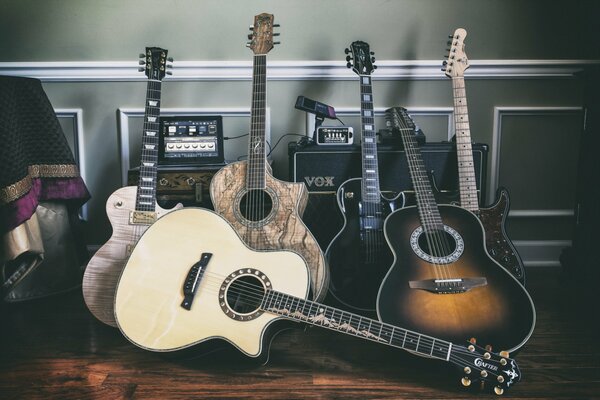 Guitars stand against the background of combos