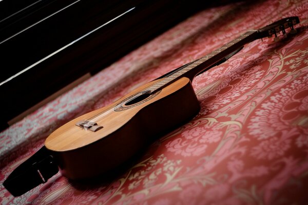 Guitar on the background of a red patterned wall