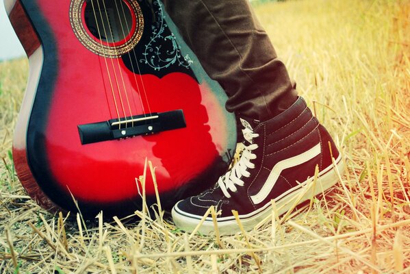 Dreifarbige Gitarre auf Naturhintergrund