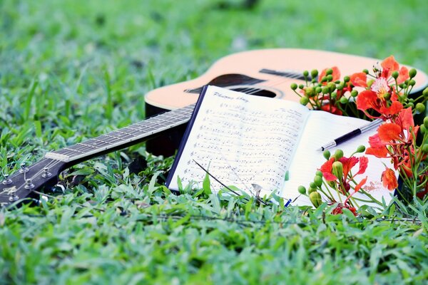 Guitar on the grass with flowers and notes