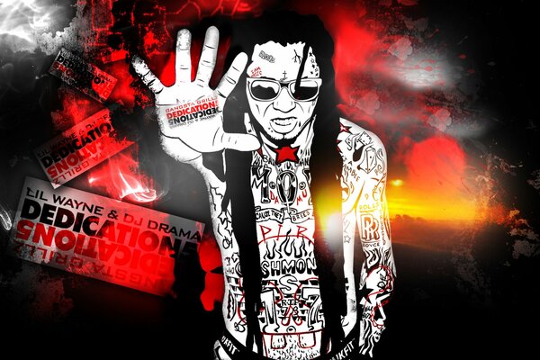 Repper Lil Wayne sur fond rouge et noir