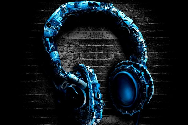 Stylized headphones on the background of brickwork