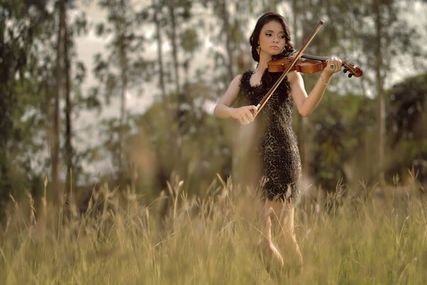 Ragazza che suona il violino nel campo