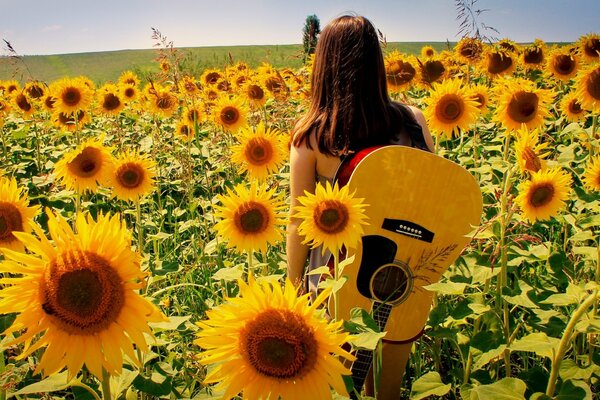 Ein Mädchen in Sonnenblumen mit einer Gitarre steht mit dem Rücken