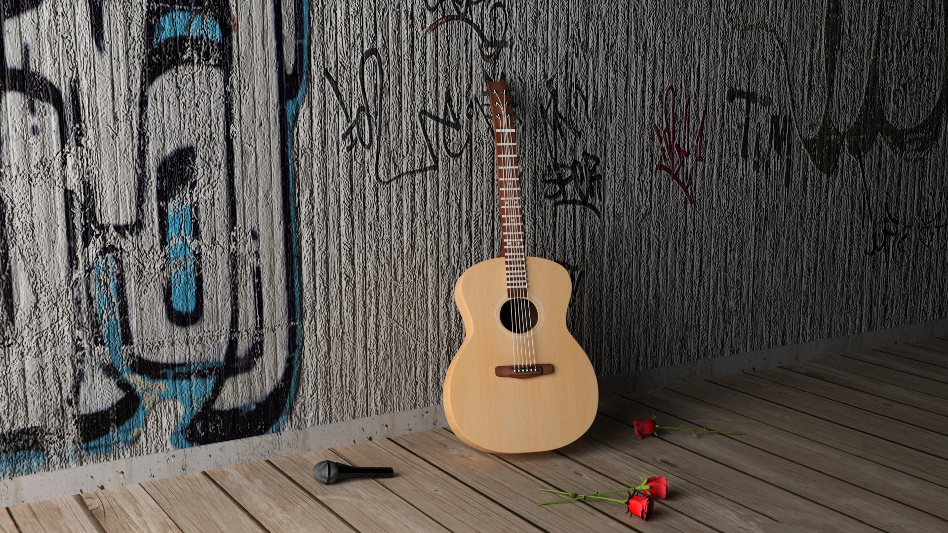 guitare accustique fleurs roses microphone cordes touche table d harmonie humeur