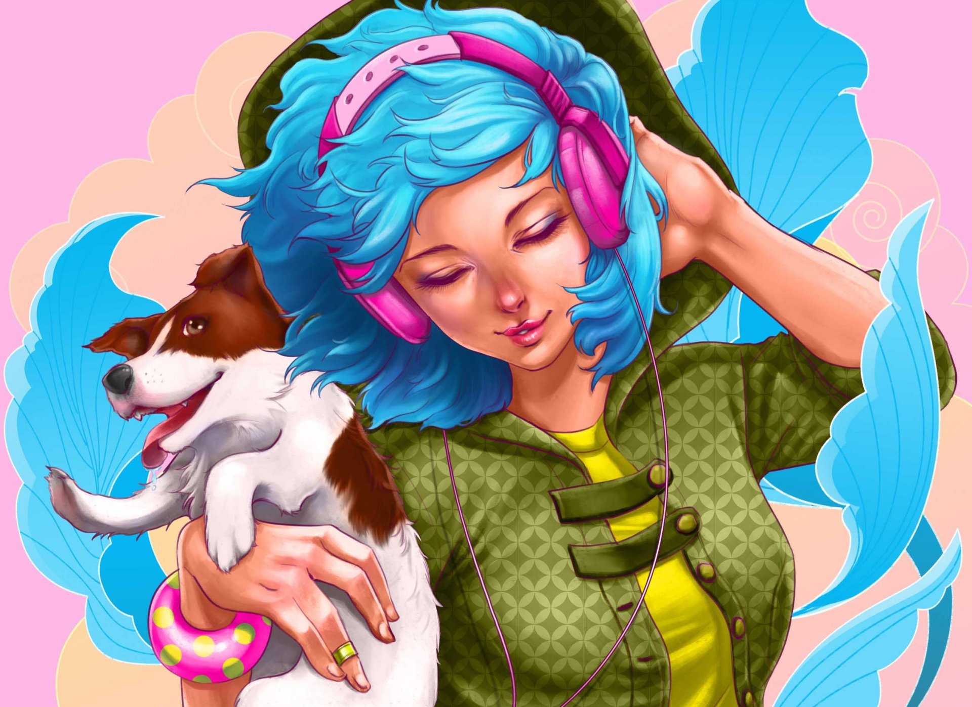 music girl headphones hair hands bracelet animals dog