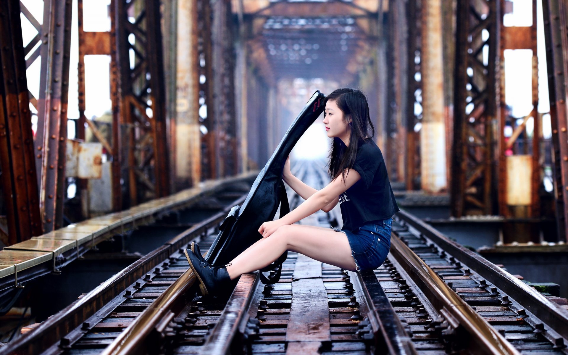 girl asian guitars music railroad bridge