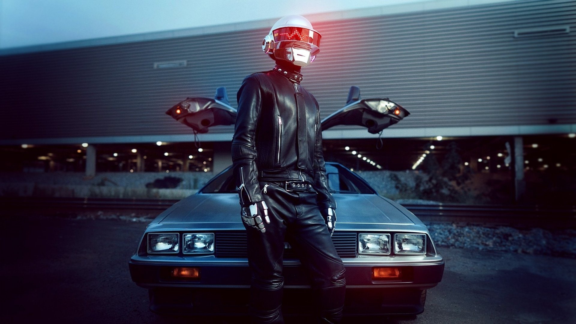 daft punk человек музыка автомобиль delorean черный серебряный свет кожа светодиодные