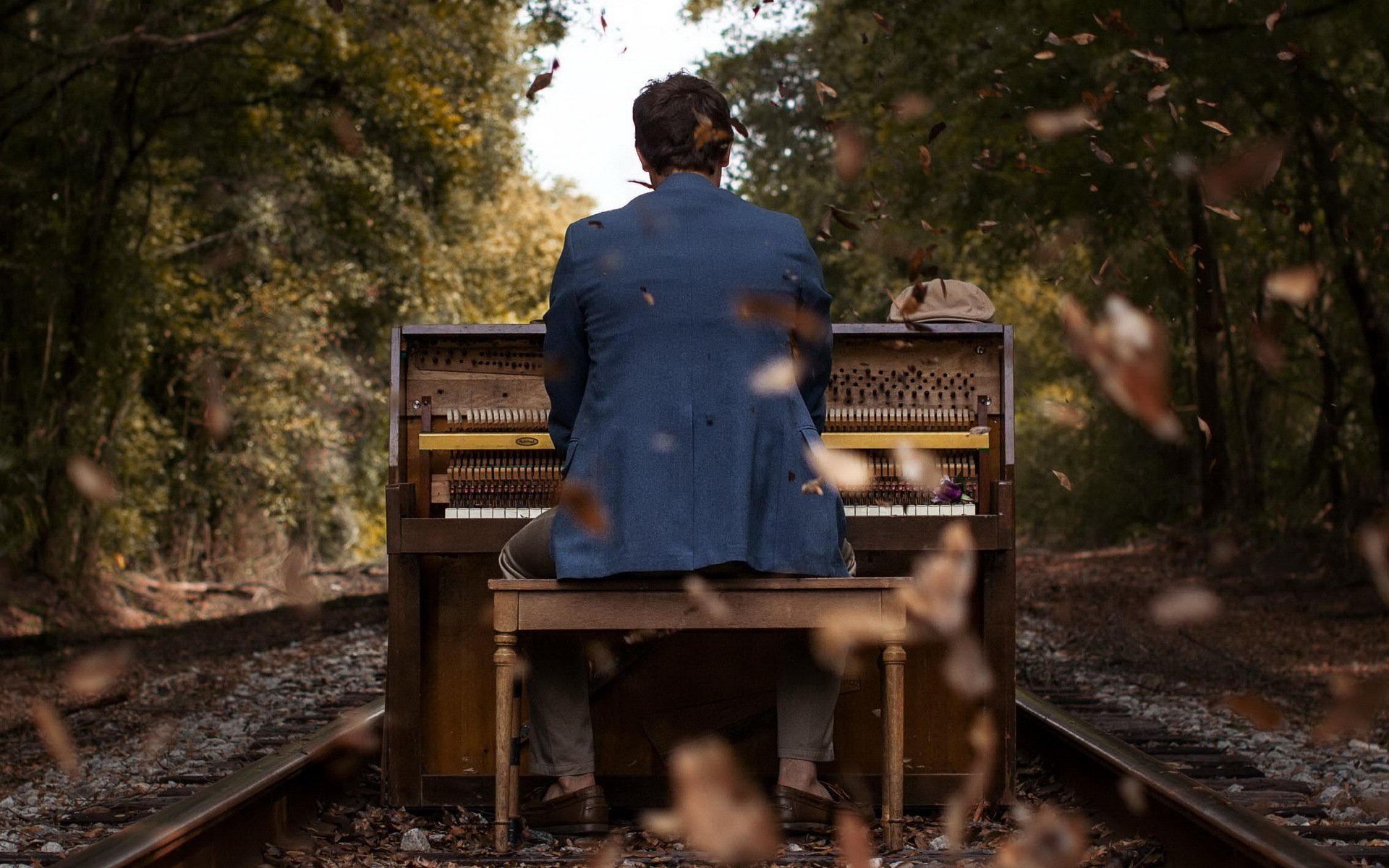 uomo ferrovia pianoforte musica foglie