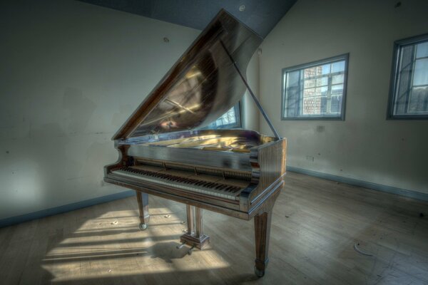 Pianoforte a coda solitario in una stanza vuota