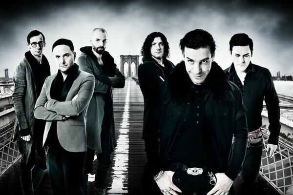 Industrial metal band Rammstein (Germany). Line-up: Till Lindemann, Richard Kruspe, Paul Landers, Oliver Riedel, Christoph Schneider, Christian Lorenz