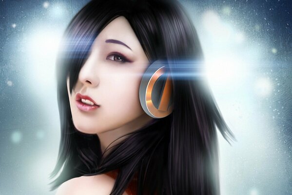 A young Asian woman with headphones. Art