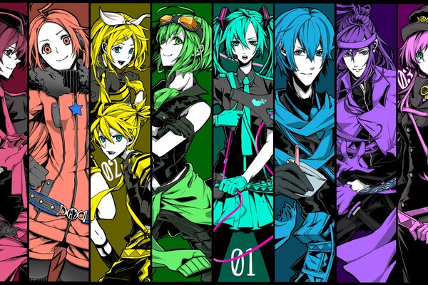 Восемь аниме персонажей цветов радуги