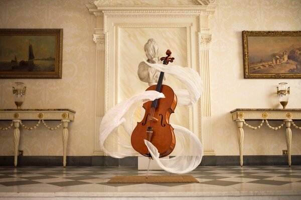 Cello und Frauenstatue mit weißer Schleppe