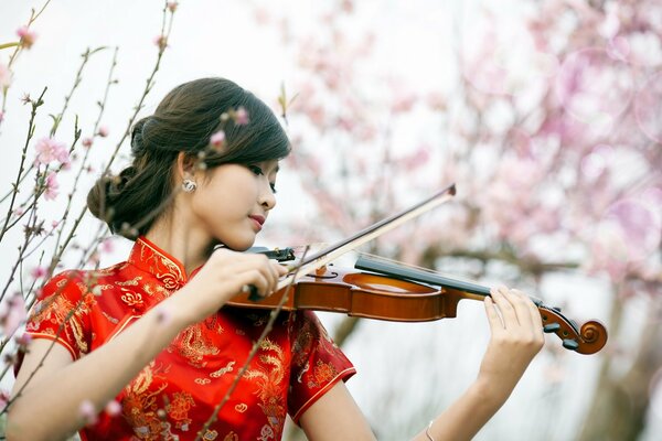 Tocando el violín de la chica en el odio rojo