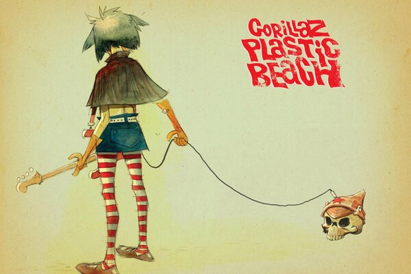 Couverture du groupe Gorillaz. Fille tenant un crâne de corde