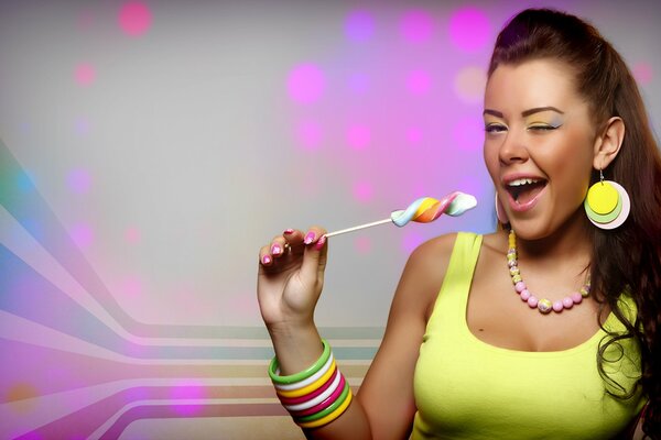 Winking girl with sweetness and bracelets of different colors