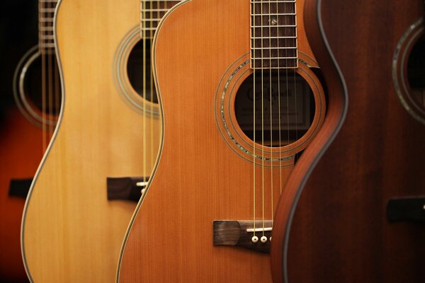 Guitars stand tightly in a row