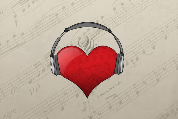 Art, heart in headphones on the background of music