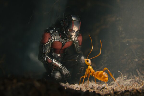 A Marvel superhero crouched in front of an ant